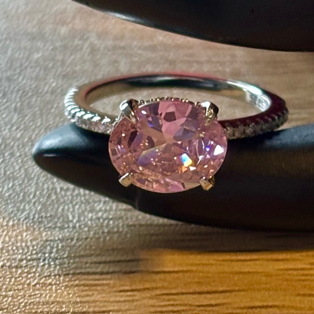 Pink East West Oval CZ Sterling Silver Ring Size 6